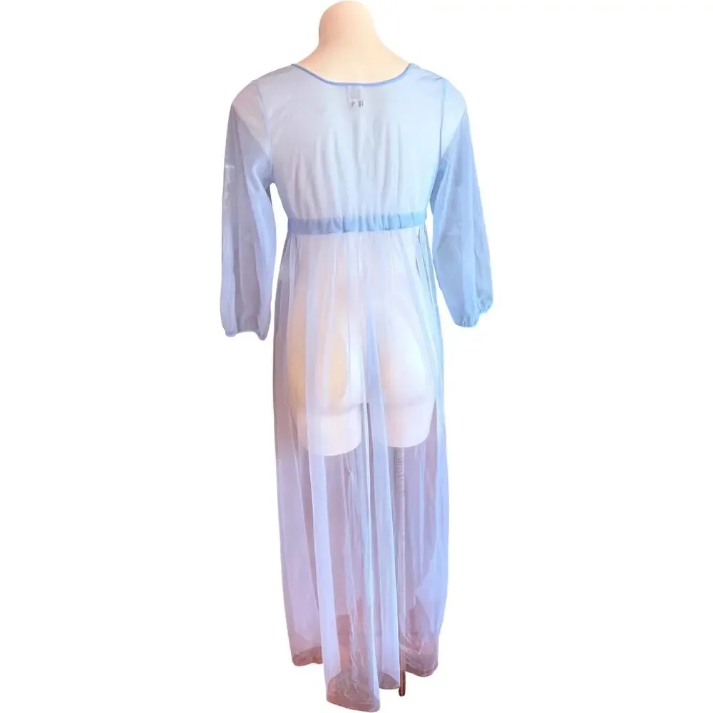 Movie Star Vintage 1970s Sheer Peignoir Robe Baby Blue Lace Floral Appliqué Sz S